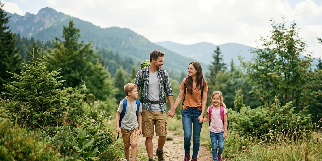 Familia con hijos de excursión en la montaña