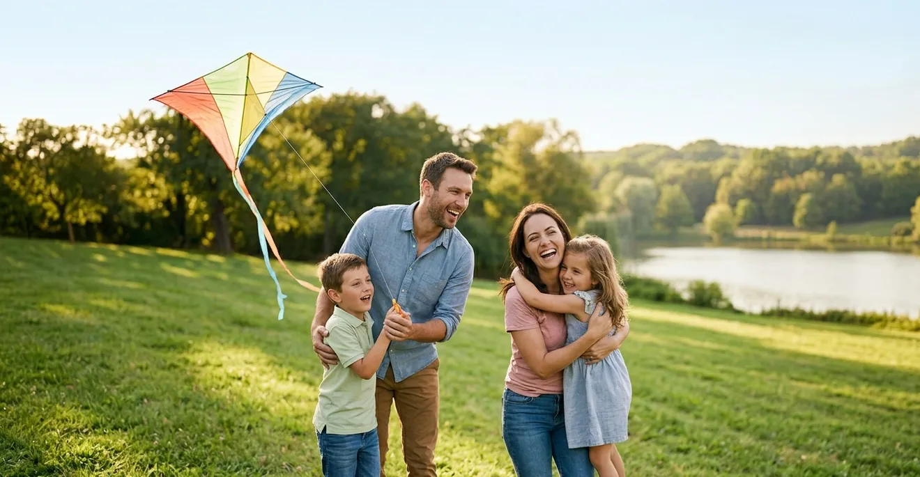 Una familia jugando con un papalote en un parque junto a un lago